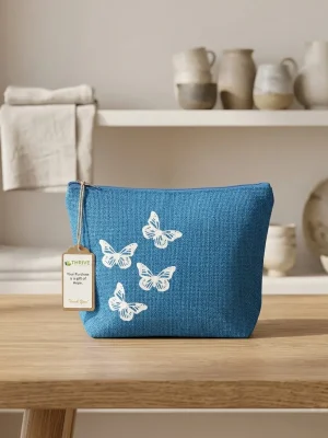 Women's everyday carry handbag made with pure jute - Butterfly Print - Ocean Blue