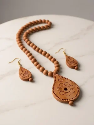 Handcrafted Elegant Clay Work Jewelry Set (Necklace + Earrings) for Women - Teardrop Shape