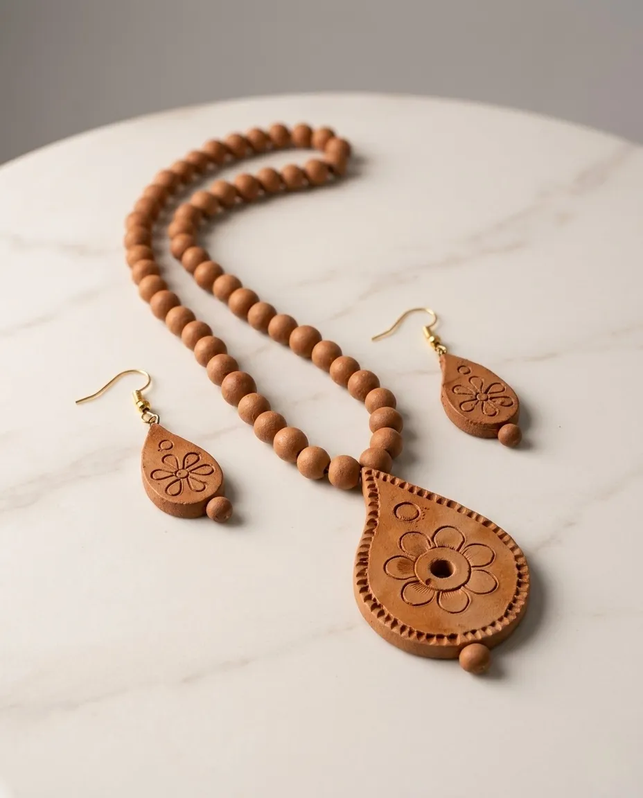 Handcrafted Elegant Clay Work Jewelry Set (Necklace + Earrings) for Women - Teardrop Shape