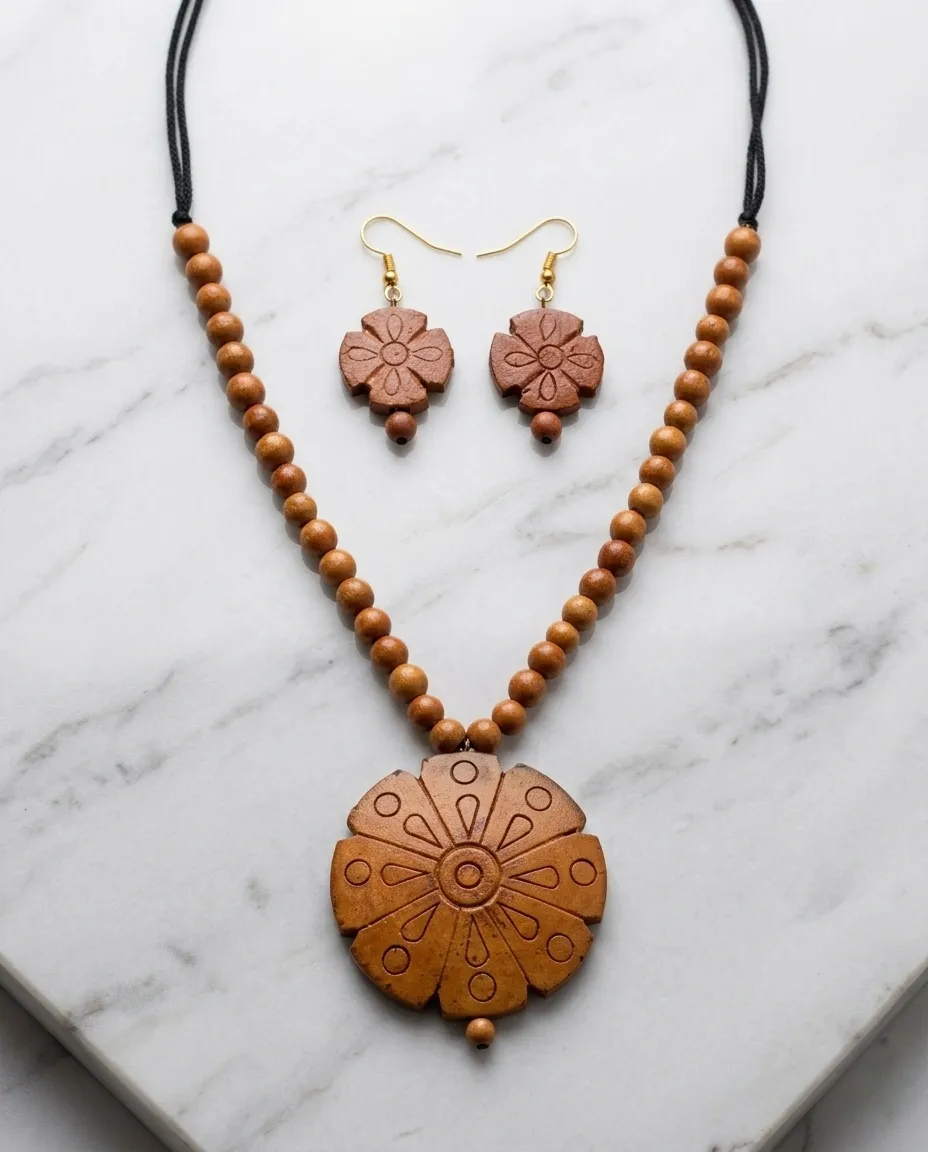Handcrafted Elegant Clay Work Jewelry Set (Necklace + Earrings) for Women - Rounded