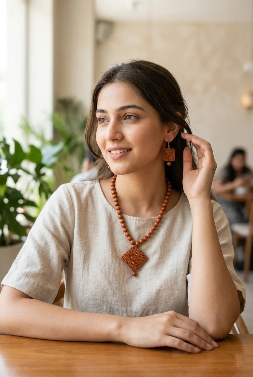 Handcrafted Elegant Clay Work Jewelry Set (Necklace + Earrings) for Women - Diamond Shape - Image 2