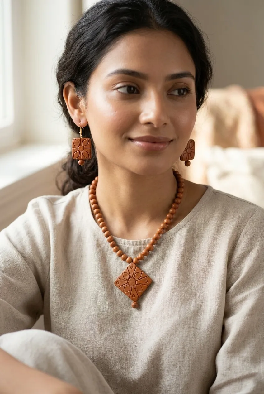 Handcrafted Elegant Clay Work Jewelry Set (Necklace + Earrings) for Women - Diamond Shape - Image 3