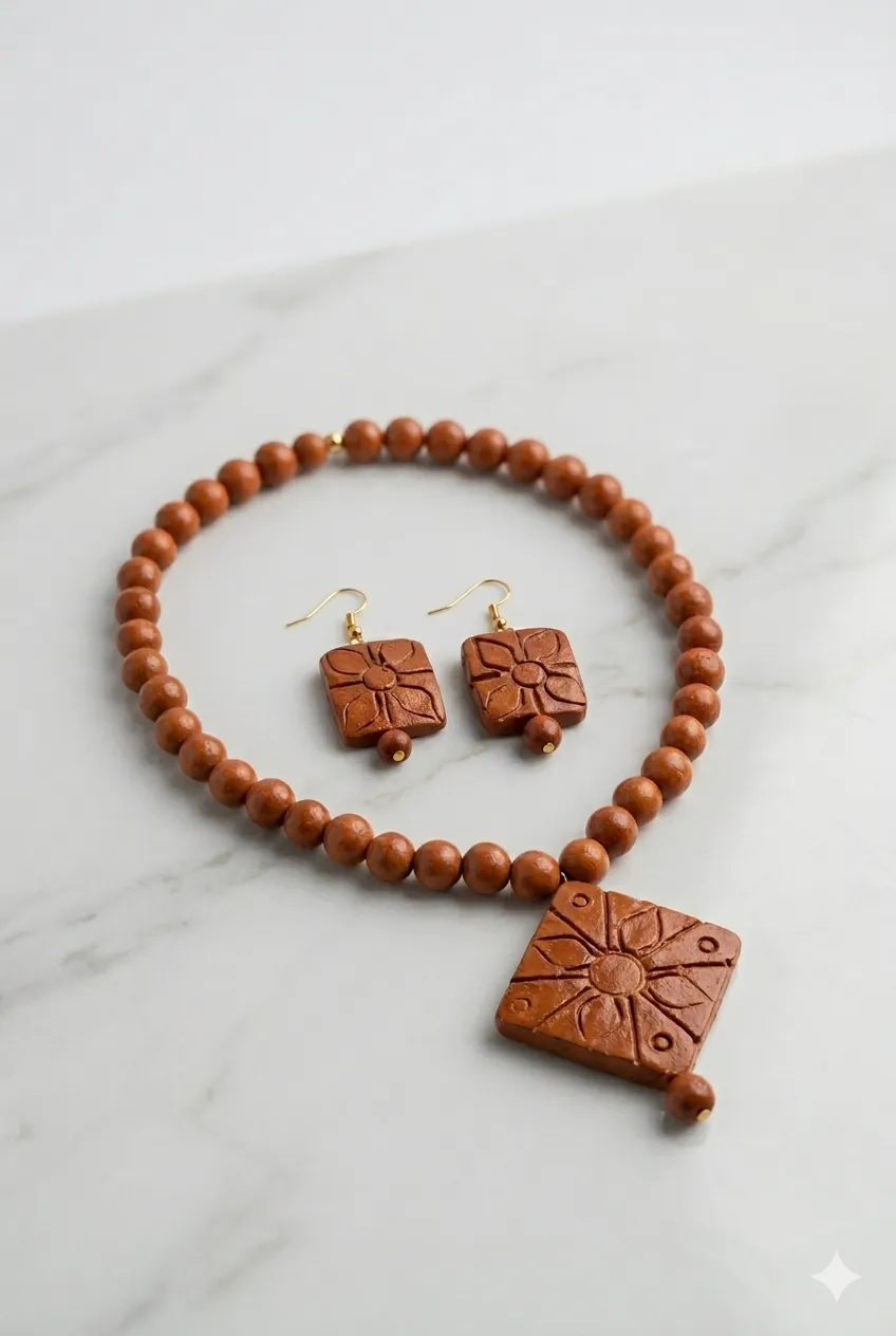 Handcrafted Elegant Clay Work Jewelry Set (Necklace + Earrings) for Women - Diamond Shape