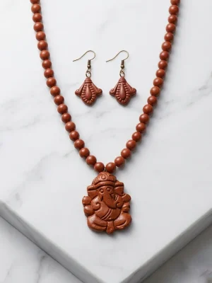 Handcrafted Elegant Clay Work Jewelry Set (Necklace + Earrings) for Women - Lord Ganesha