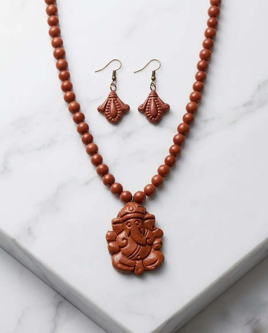 Handcrafted Elegant Clay Work Jewelry Set (Necklace + Earrings) for Women - Lord Ganesha