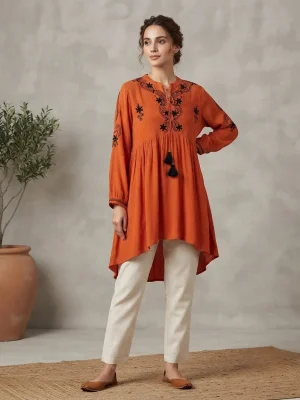 Comfortable Single Piece Women's Kurti for Everyday & Occasional Use  - Tangerine Orange