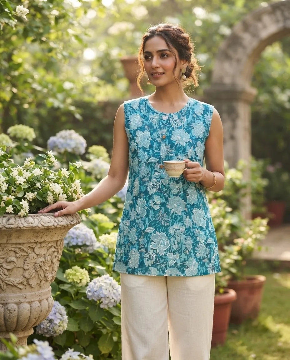 Comfortable Single Piece Women's Kurti for Everyday & Occasional Use - Floral Blue - Image 2