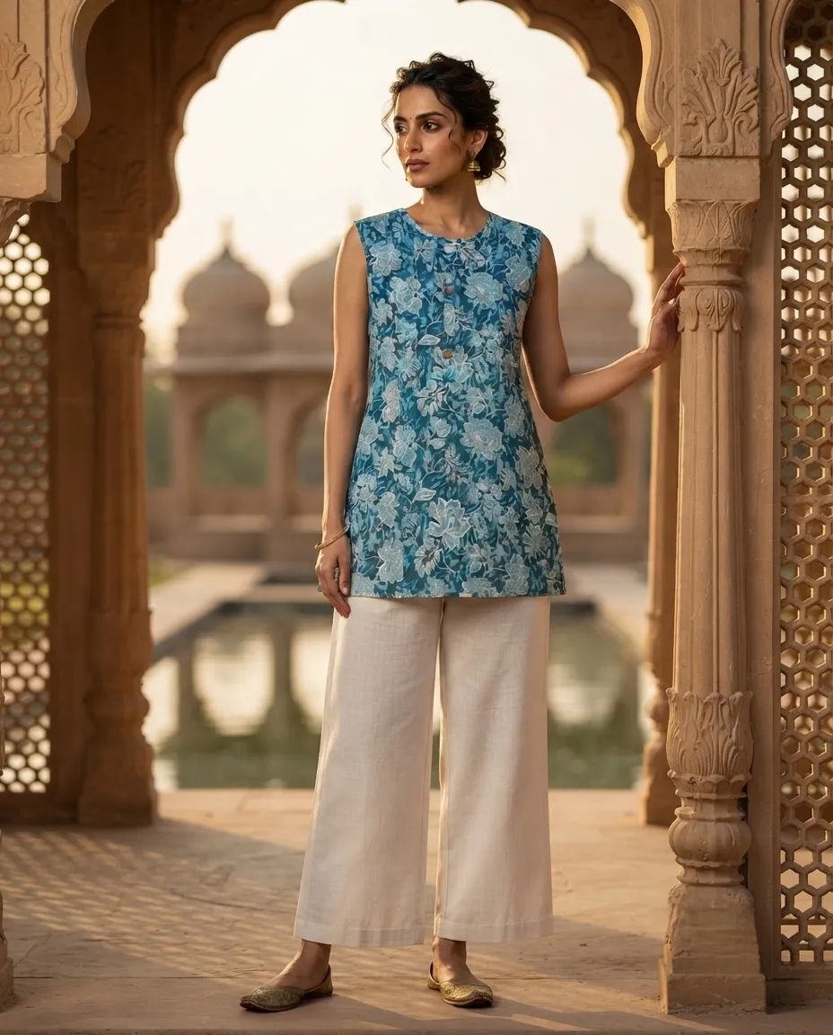 Comfortable Single Piece Women's Kurti for Everyday & Occasional Use - Floral Blue - Image 3