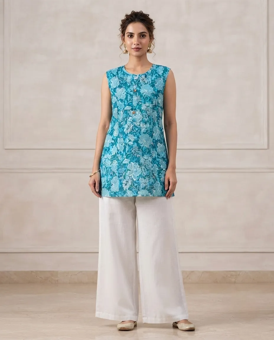 Comfortable Single Piece Women's Kurti for Everyday & Occasional Use - Floral Blue