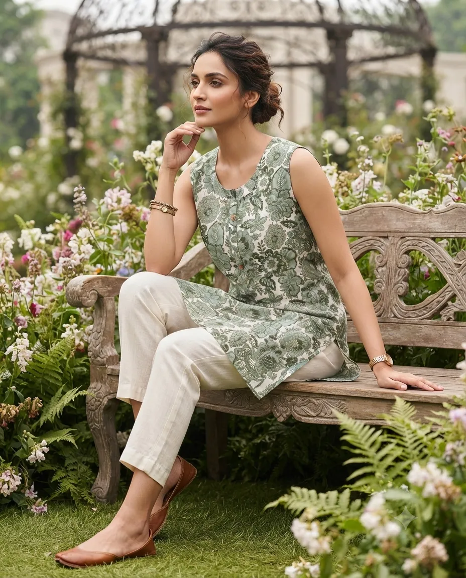 Comfortable Single Piece Women's Kurti for Everyday & Occasional Use - Leaf Patterned Green - Image 2