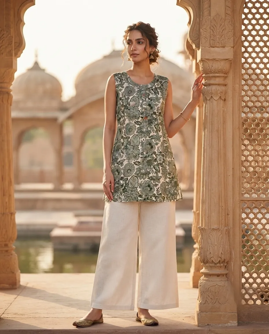 Comfortable Single Piece Women's Kurti for Everyday & Occasional Use - Leaf Patterned Green - Image 3