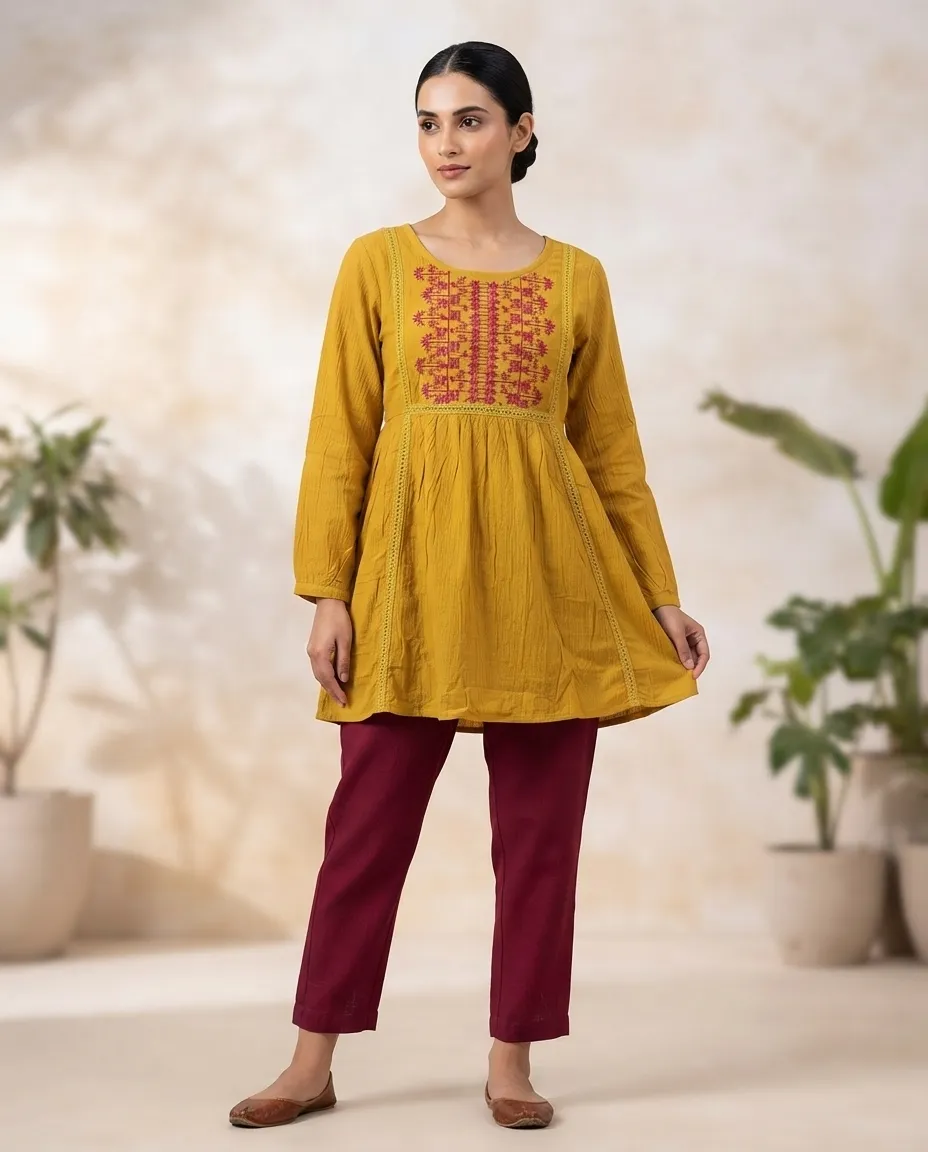 Comfortable Single Piece Women's Kurti for Everyday & Occasional Use - Mustard Yellow - Image 3