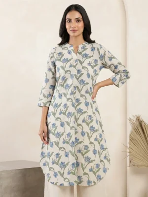 Comfortable Single Piece Women's Kurti for Everyday & Occasional Use - White with Printed Flowers