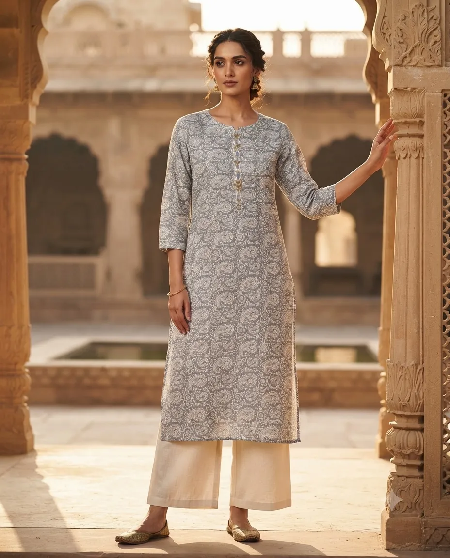 Comfortable Single Piece Women's Kurti for Everyday & Occasional Use - Grey Themed Rangoli Design - Image 2