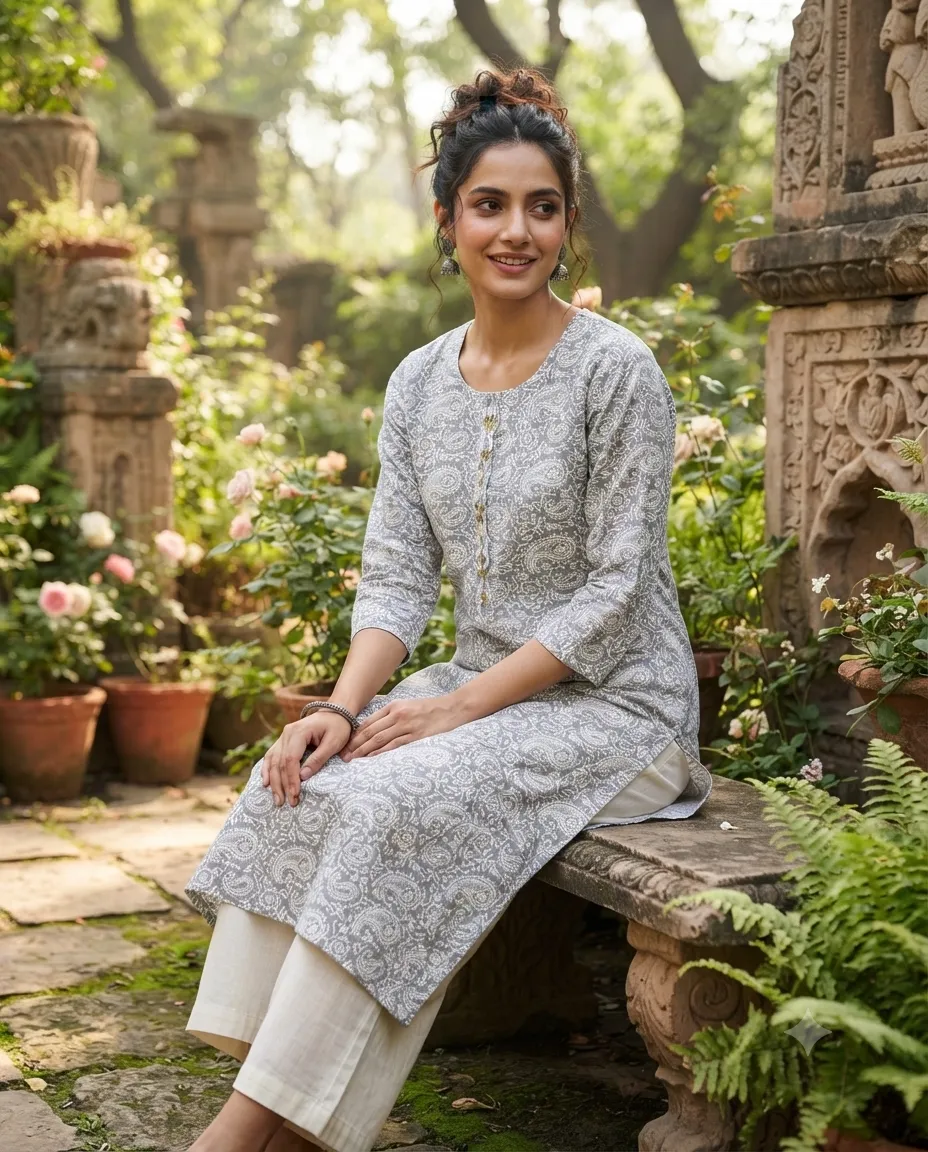 Comfortable Single Piece Women's Kurti for Everyday & Occasional Use - Grey Themed Rangoli Design - Image 3
