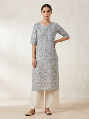 Comfortable Single Piece Women's Kurti for Everyday & Occasional Use - Grey Themed Rangoli Design