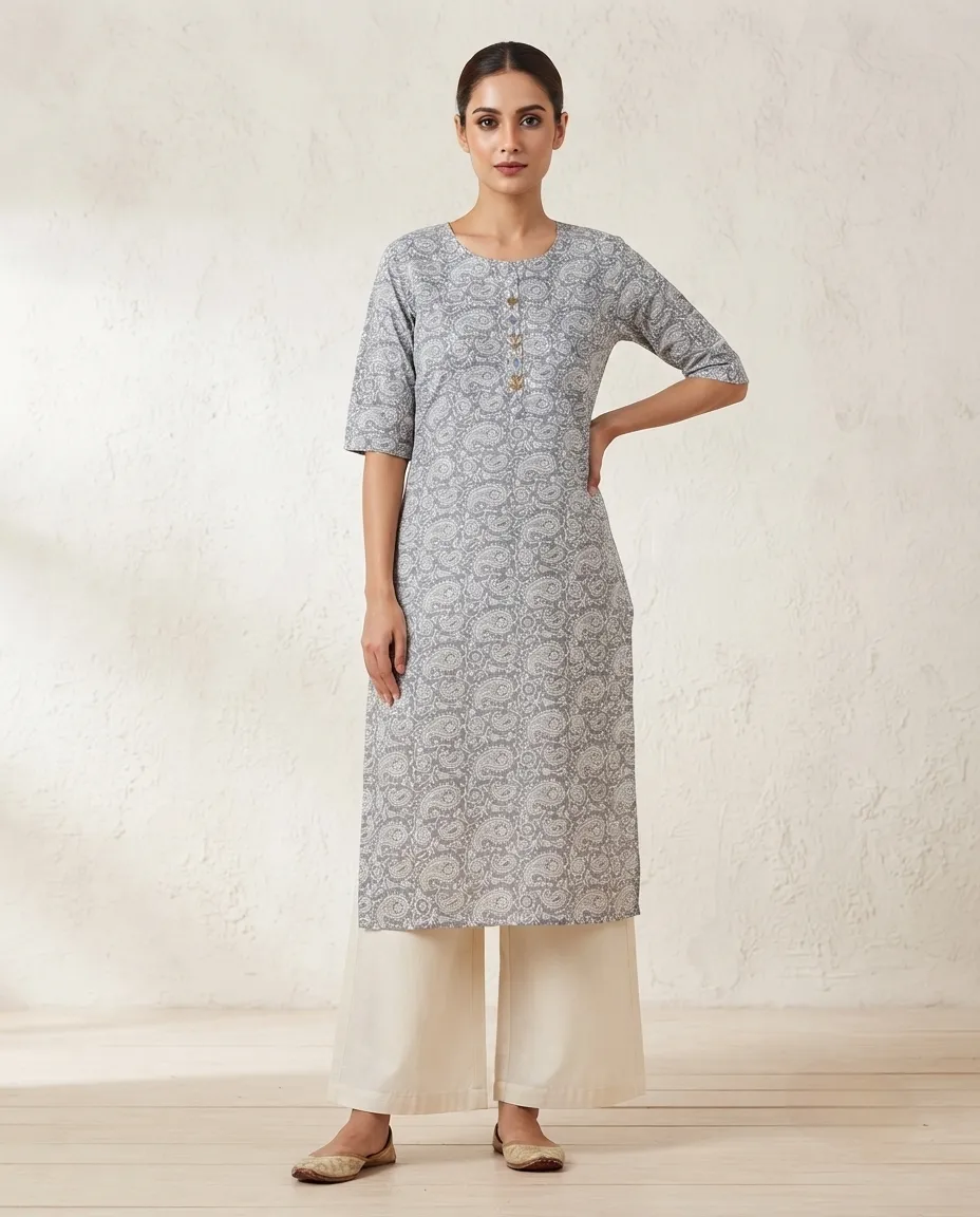 Comfortable Single Piece Women's Kurti for Everyday & Occasional Use - Grey Themed Rangoli Design