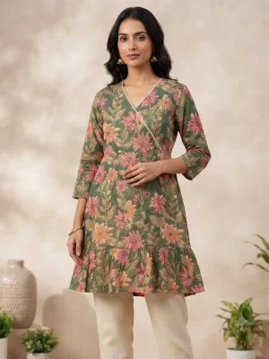 Comfortable Single Piece Women's Kurti for Everyday & Occasional Use - Olive Green & Pink Flowers