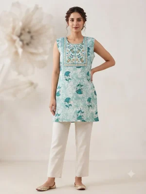 Comfortable Single Piece Women's Kurti for Everyday & Occasional Use  - Aqua Blue with Flowers