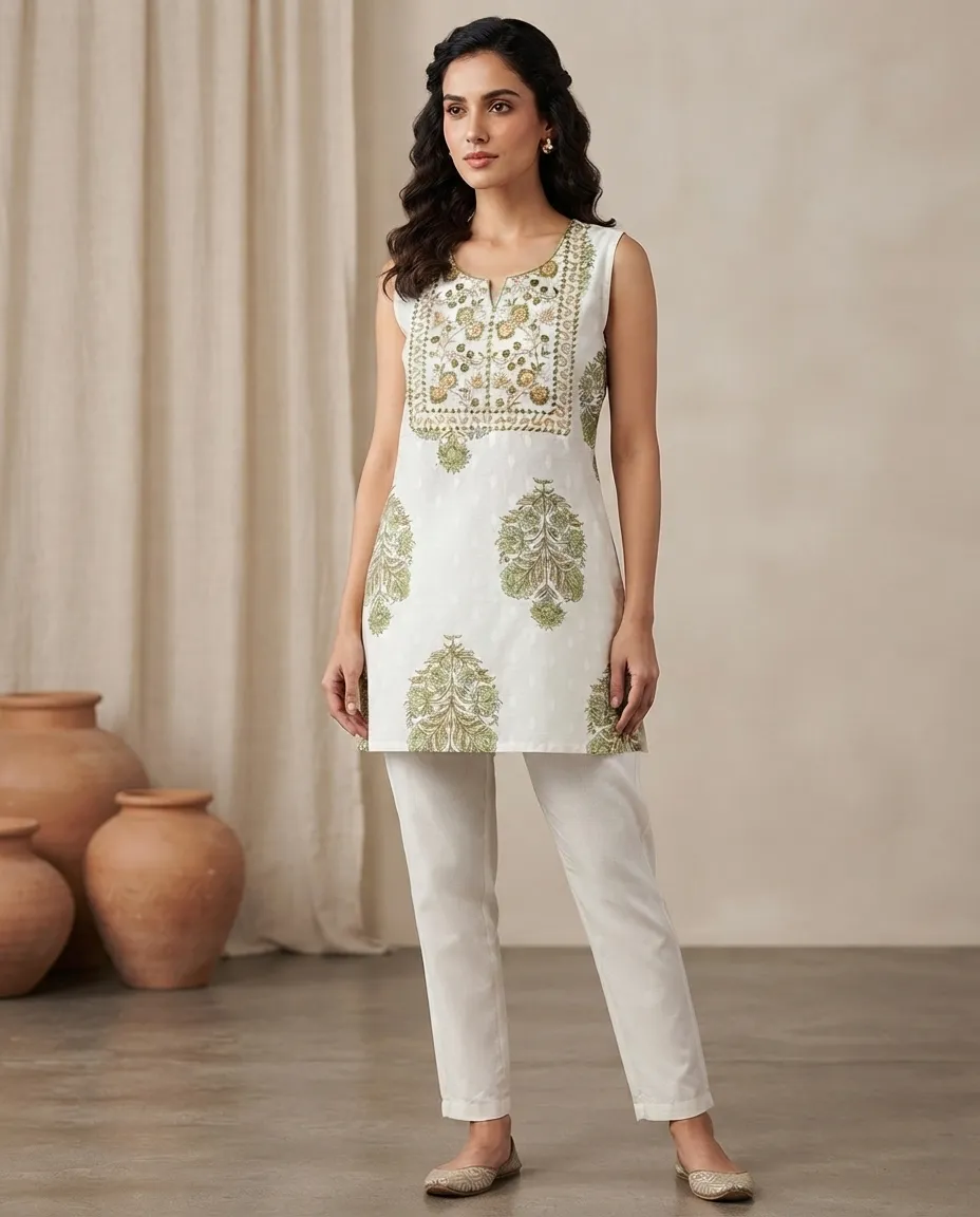 Comfortable Single Piece Women's Kurti for Everyday & Occasional Use - White with Ancient Roots