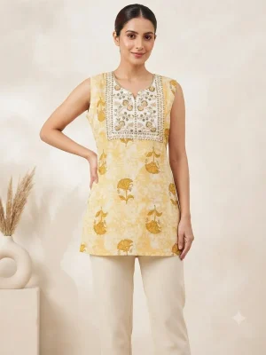 Comfortable Single Piece Women's Kurti for Everyday & Occasional Use - Sun Yellow with Flowers