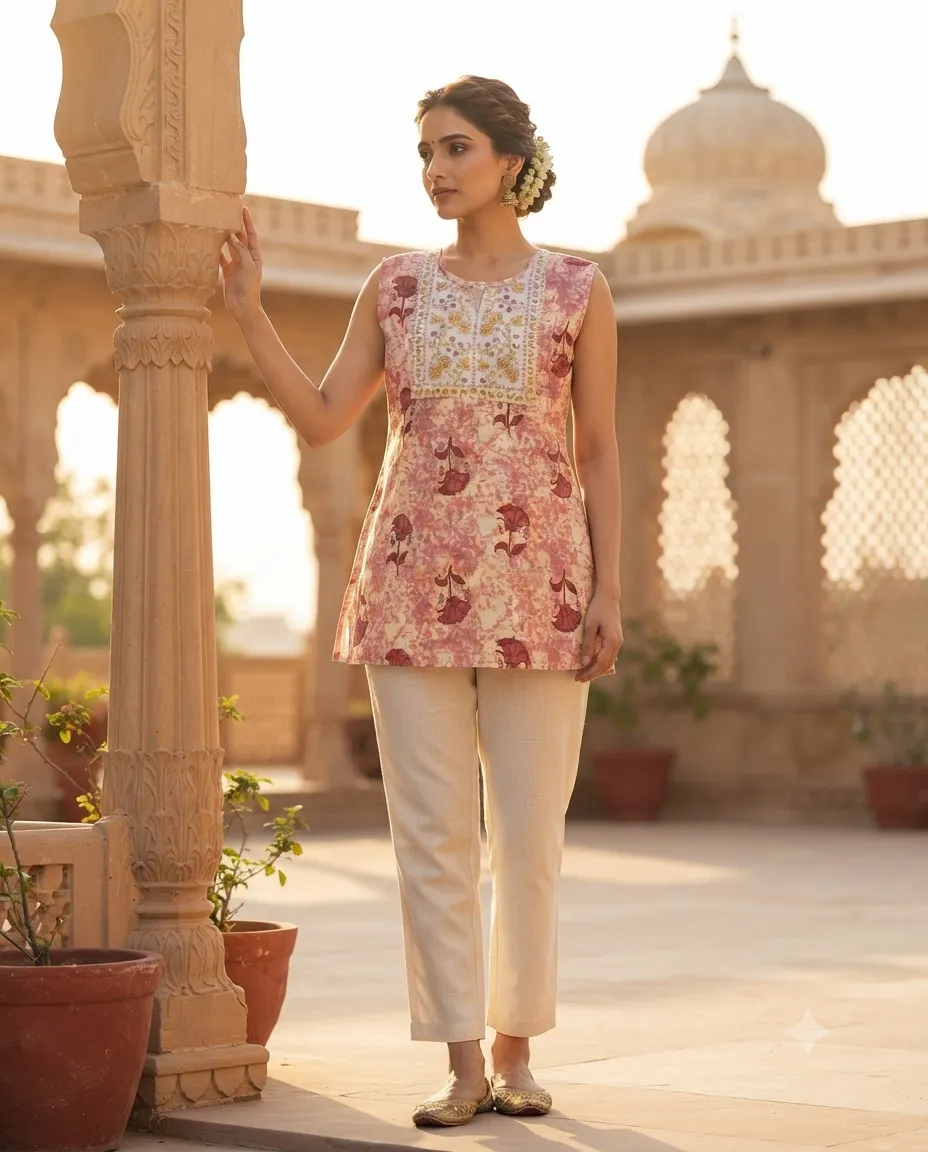 Comfortable Single Piece Women's Kurti for Everyday & Occasional Use - Baby Pink with Flowers - Image 2