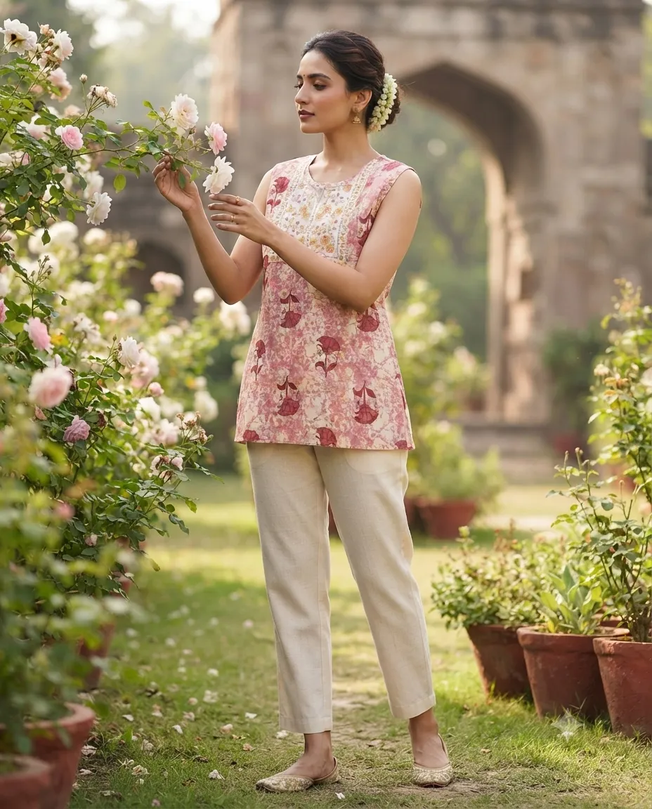 Comfortable Single Piece Women's Kurti for Everyday & Occasional Use - Baby Pink with Flowers - Image 3