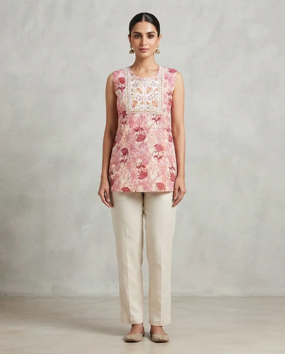 Comfortable Single Piece Women's Kurti for Everyday & Occasional Use - Baby Pink with Flowers