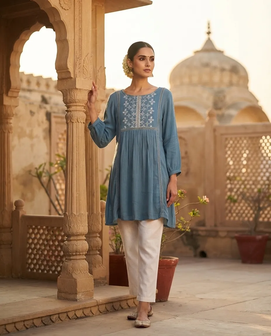 Comfortable Single Piece Women's Kurti for Everyday & Occasional Use - Calm Blue - Image 2