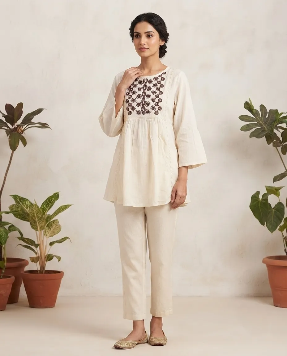 Comfortable Single Piece Women's Kurti for Everyday & Occasional Use - White with Printed Knots