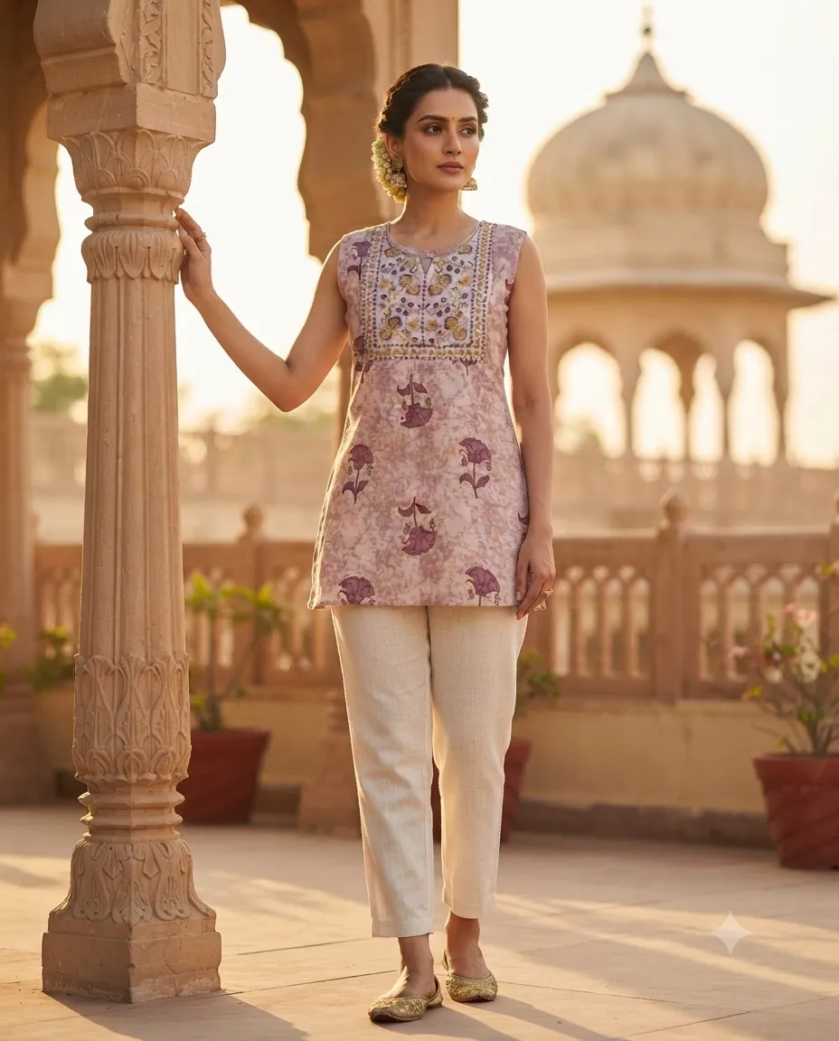 Comfortable Single Piece Women's Kurti for Everyday & Occasional Use - Purple with Flowers - Image 2