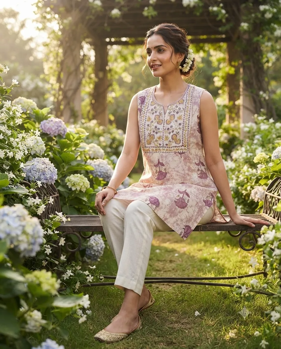 Comfortable Single Piece Women's Kurti for Everyday & Occasional Use - Purple with Flowers - Image 3