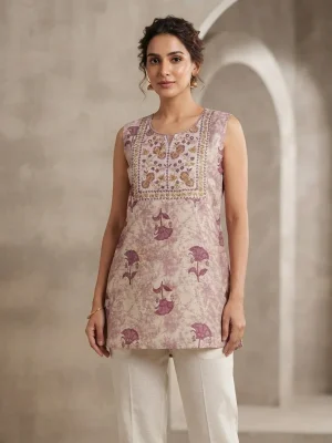 Comfortable Single Piece Women's Kurti for Everyday & Occasional Use - Purple with Flowers