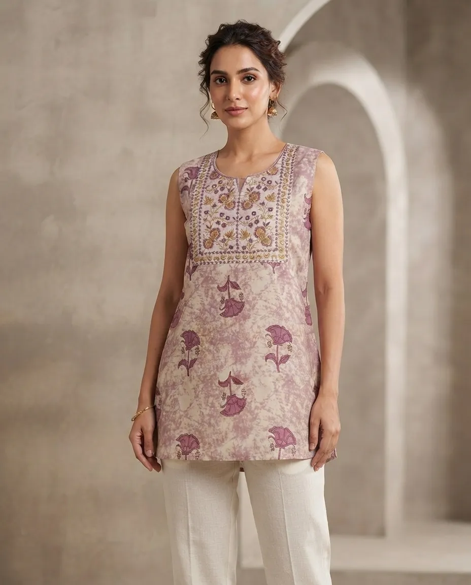 Comfortable Single Piece Women's Kurti for Everyday & Occasional Use - Purple with Flowers