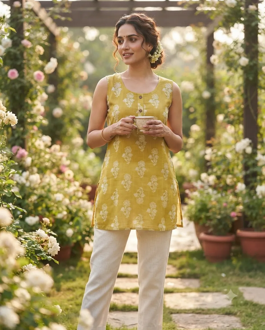 Comfortable Single Piece Women's Kurti for Everyday & Occasional Use - Bright Yellow with Flipped Flowers - Image 3
