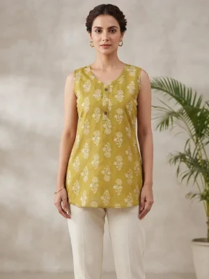 Comfortable Single Piece Women's Kurti for Everyday & Occasional Use  - Bright Yellow with Flipped Flowers