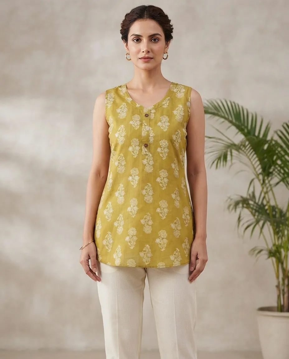 Comfortable Single Piece Women's Kurti for Everyday & Occasional Use - Bright Yellow with Flipped Flowers