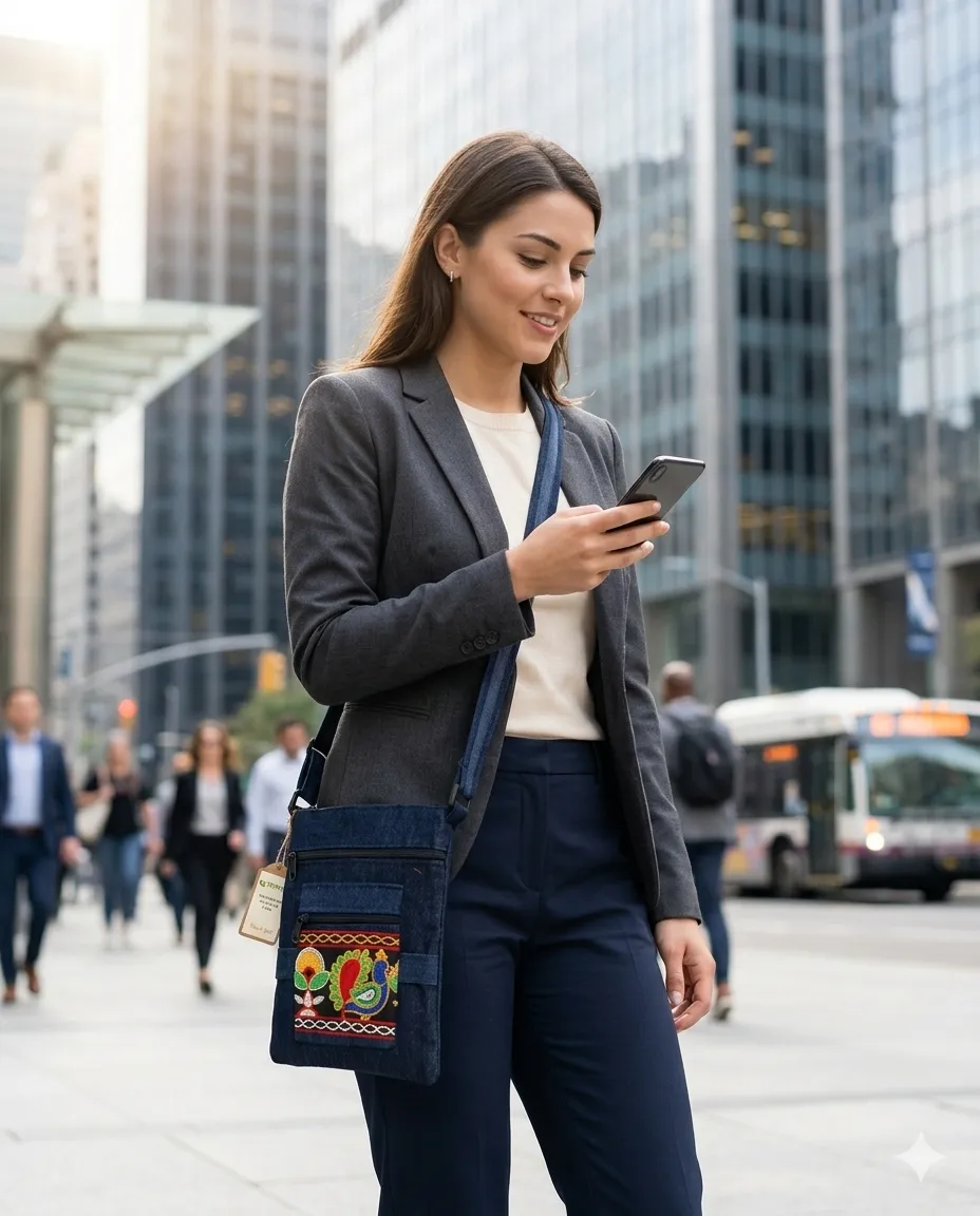Women's Denim Sling Bag with Decorative Front Panel - Floral Peacock - Image 2