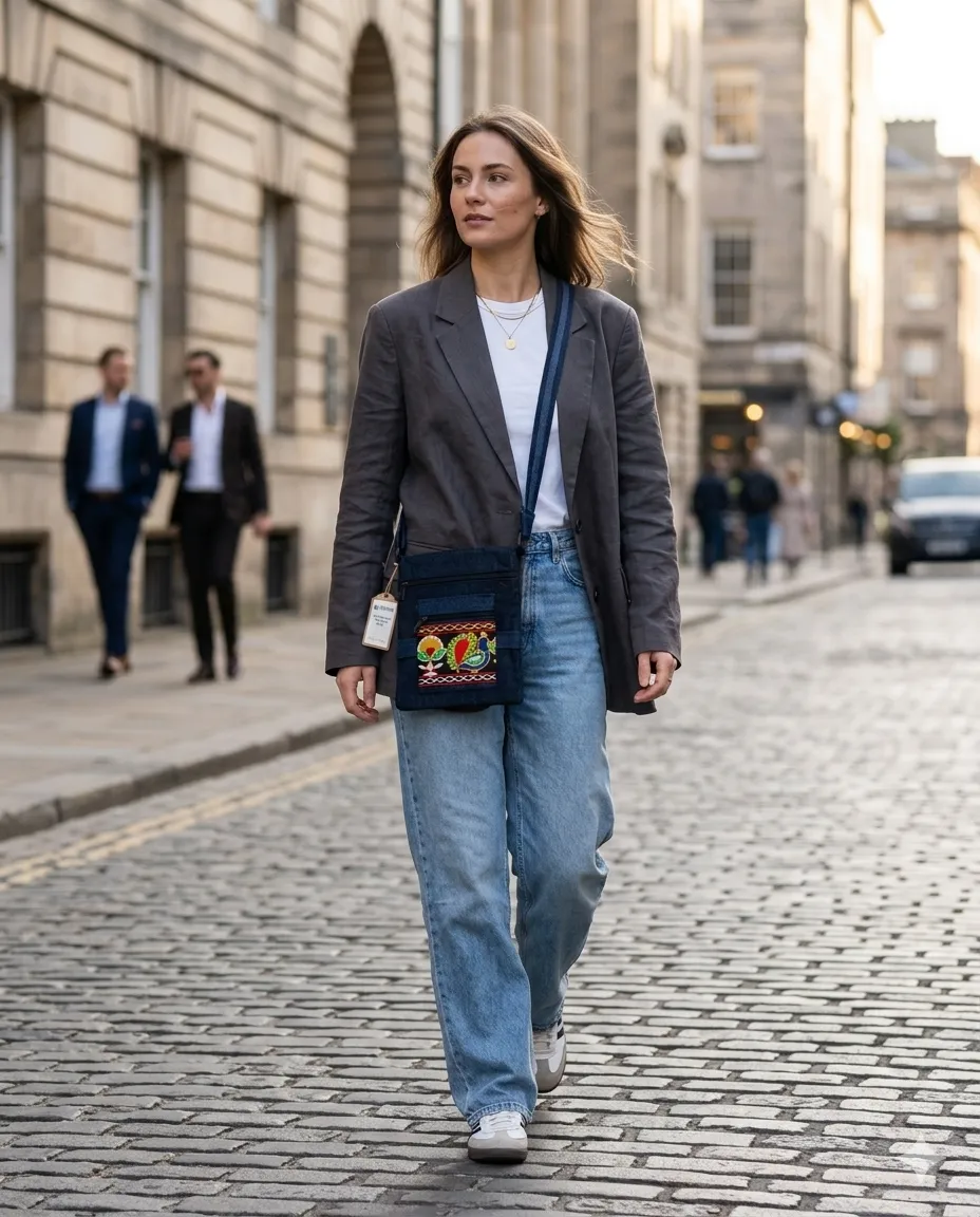 Women's Denim Sling Bag with Decorative Front Panel - Floral Peacock - Image 3