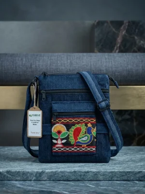 Women's Denim Sling Bag with Decorative Front Panel - Floral Peacock