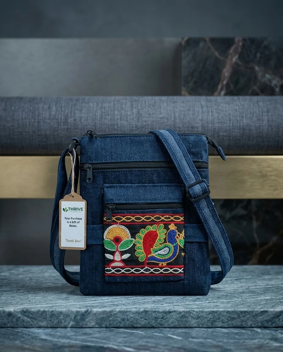 Women's Denim Sling Bag with Decorative Front Panel - Floral Peacock