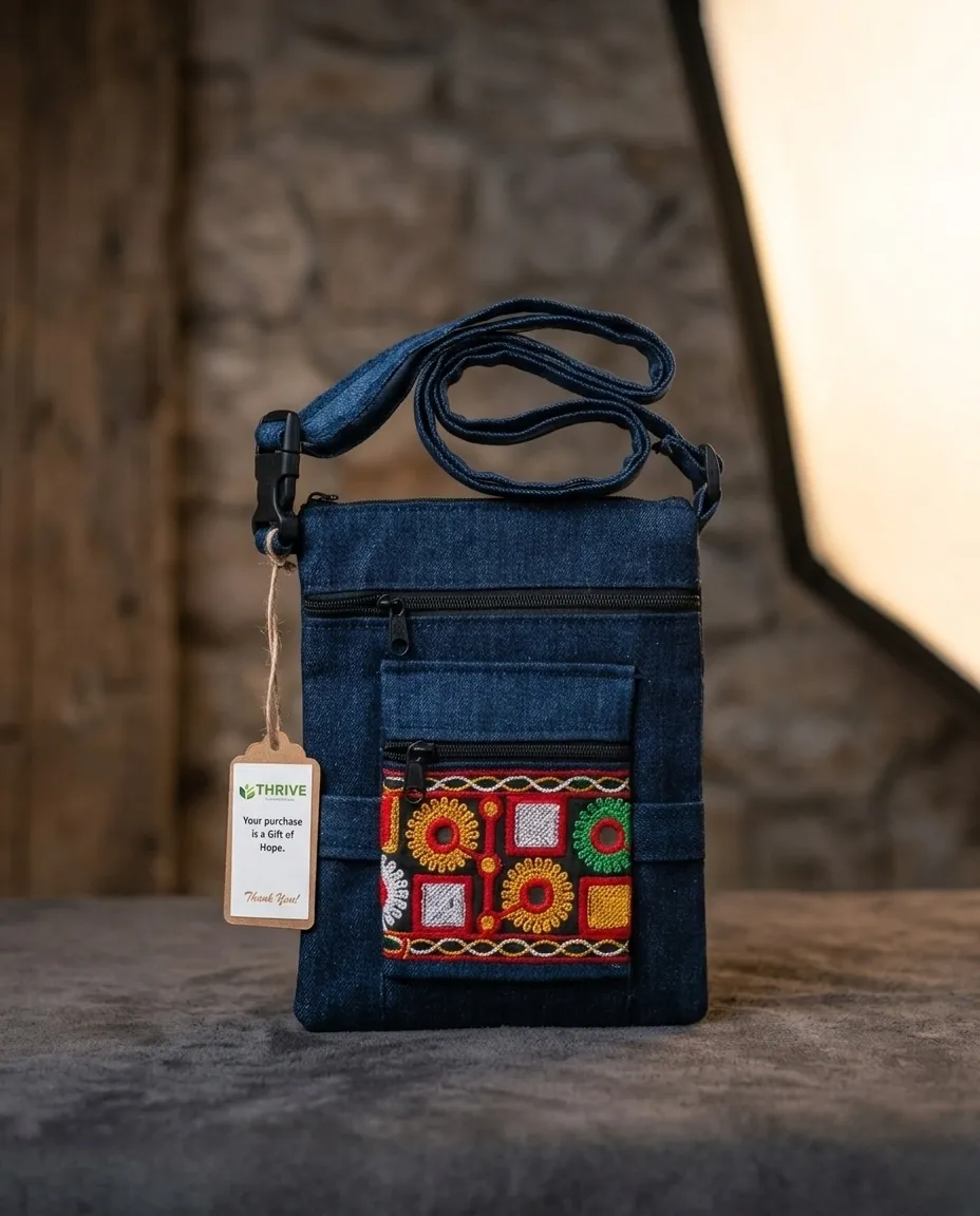 Women's Denim Sling Bag with Decorative Front Panel - Mandala Circles - Image 2
