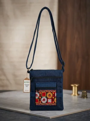Women's Denim Sling Bag with Decorative Front Panel - Mandala Circles
