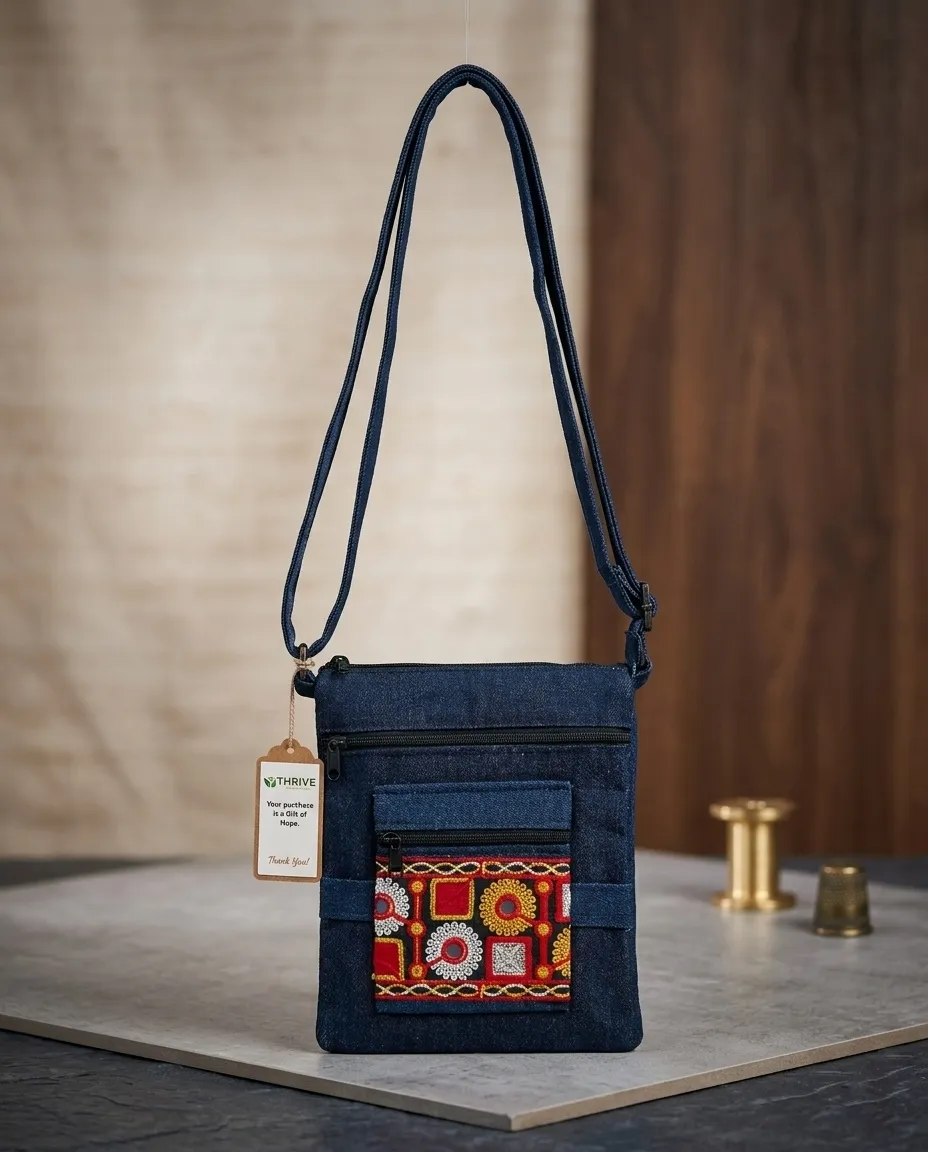Women's Denim Sling Bag with Decorative Front Panel - Mandala Circles