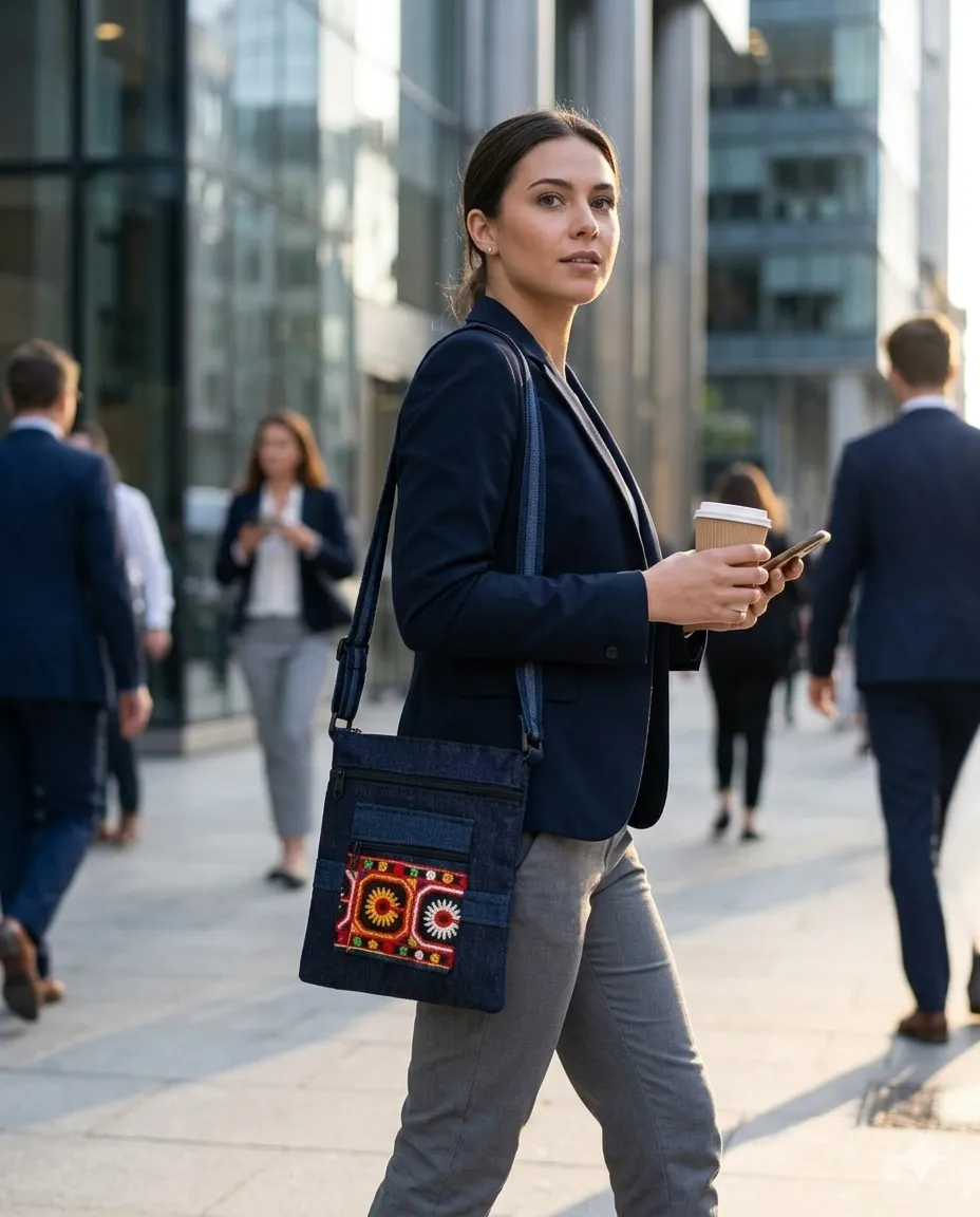 Women's Denim Sling Bag with Decorative Front Panel - Rounded Squares - Image 2