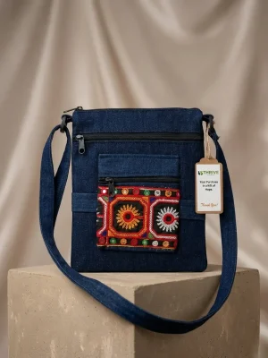 Women's Denim Sling Bag with Decorative Front Panel - Rounded Squares