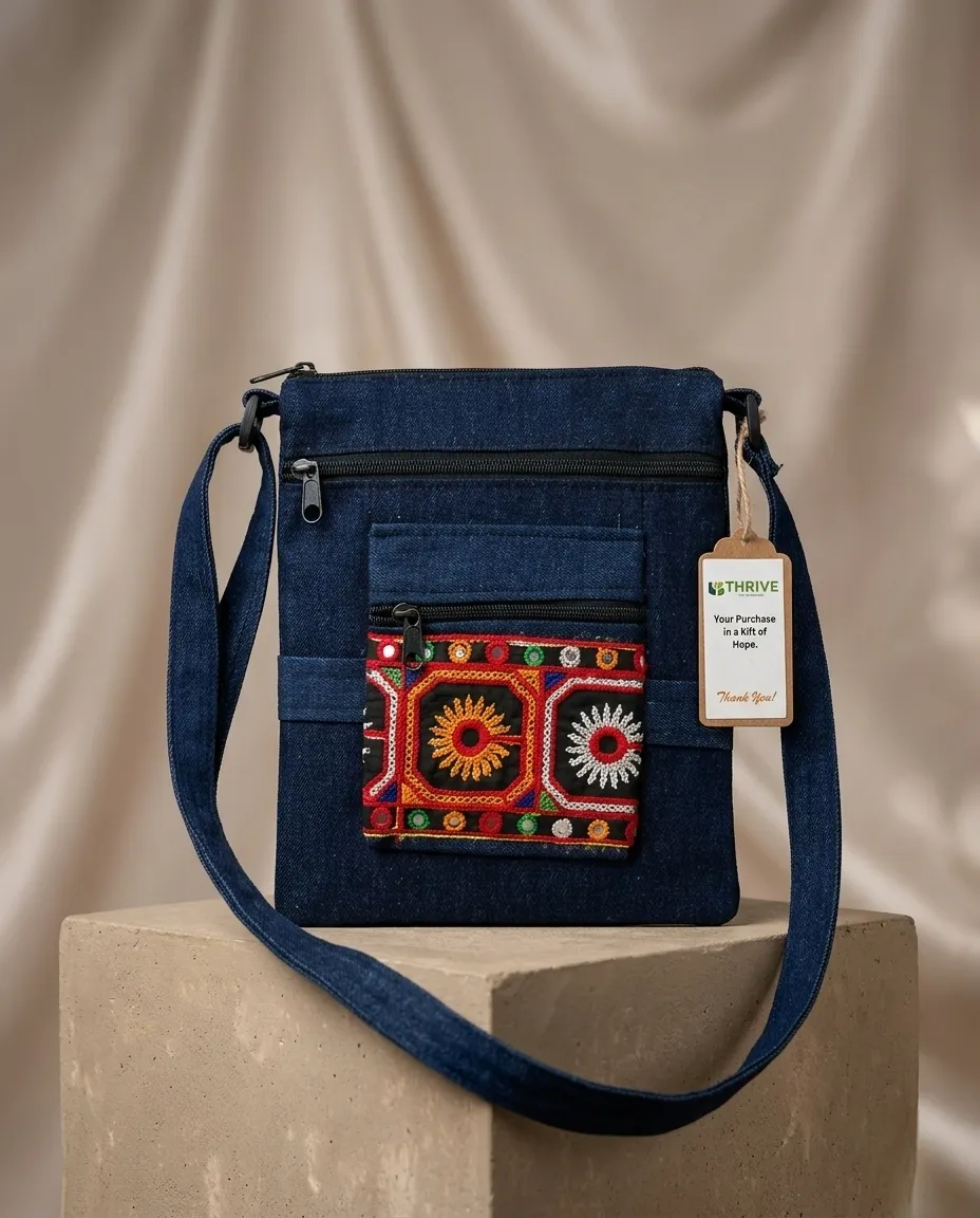 Women's Denim Sling Bag with Decorative Front Panel - Rounded Squares