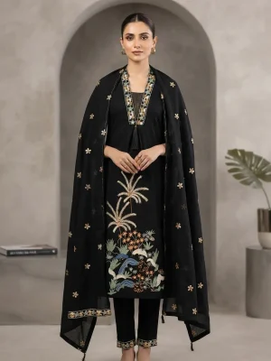 Women's Printed Three-Piece Kurta Set with Dupatta - Black Floral