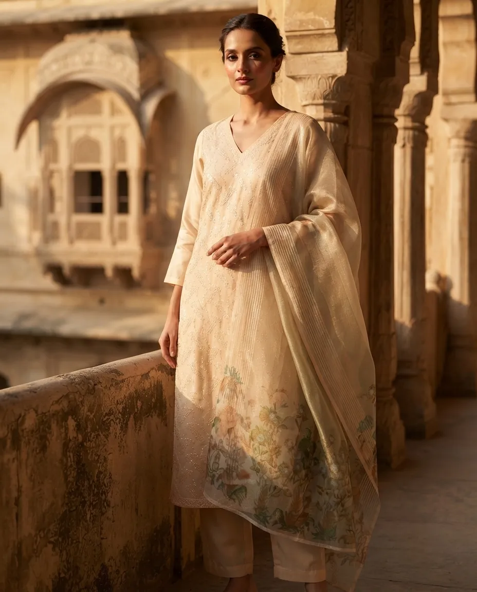 Women's Printed Three-Piece Kurta Set with Dupatta - Plain Beige - Image 2