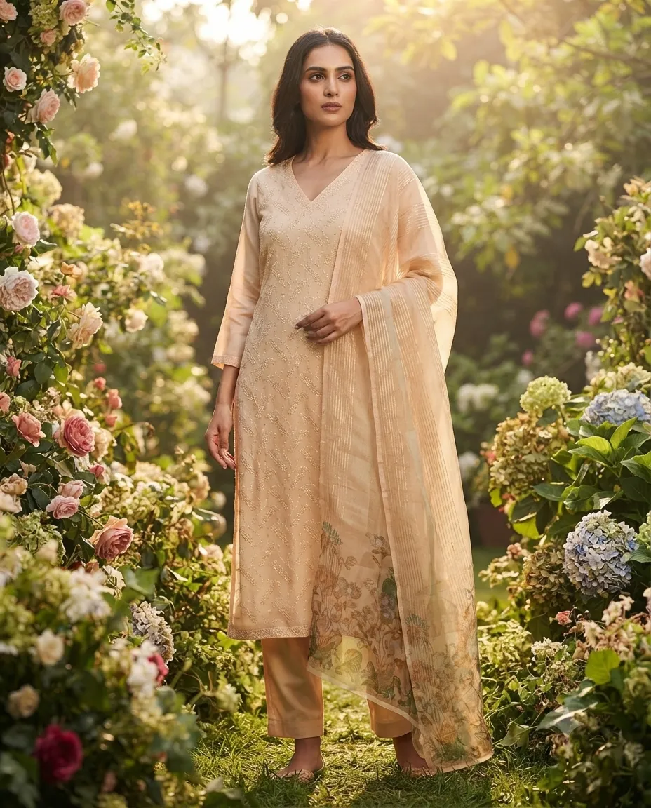 Women's Printed Three-Piece Kurta Set with Dupatta - Plain Beige - Image 3